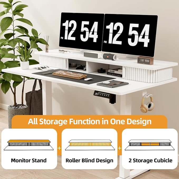 JOY worker 48" Electric Adjustable Standing Desk with Storage Monitor Stand | White Computer Desk Height Adjustable with Storage Shelves, Spacious Woskstation, Sit Stand Desk with 2 Hooks, Home Office