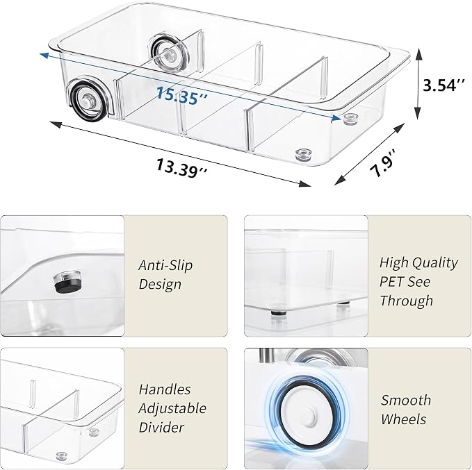 Roll-Out Refrigerator Organizers and Storage, 2 Pack Drawer Fridge Bins | Silicone Wheels, Adjustable Dividers, Thick Clear PET, Built-In Handle, for Fridge, Pantry, Bathroom & Kitchen Organization
