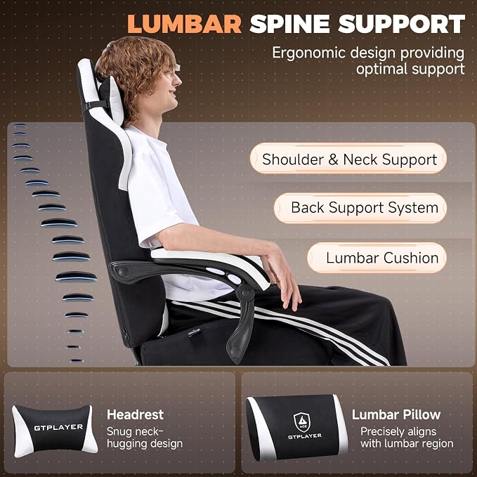 GTPLAYER Gaming Chair with Footrest, Ergonomic Office Chair 400lbs Heavy Duty, Big and Tall Computer Desk Chair with Lumbar Support and Headrest, Breathable Tech Fabric, 90-155° Recline Black