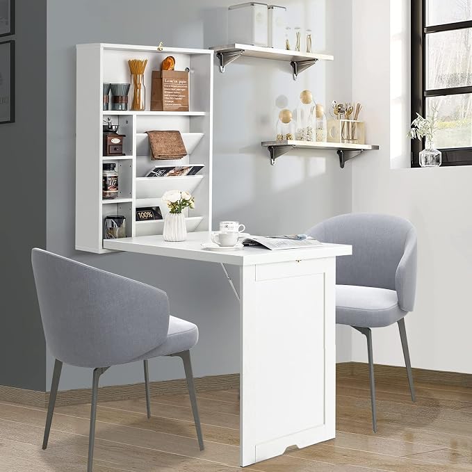 Wall Mounted Desk, Wood Collapsible Floating Desk, Convertible Computer Desk with Storage Area, Hanging Fold Out Table for Home Office, Small Spaces (White)