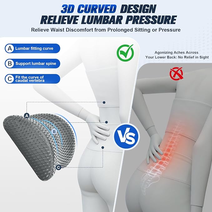 Lumbar Support Pillow,Ergonomic Memory Foam lumbar pillow for chair and Bed ,lower back support pillow for couch,Lower Back Pain Relief and Spine Support,lower Back Pillow,Car Seat Couch-Gray