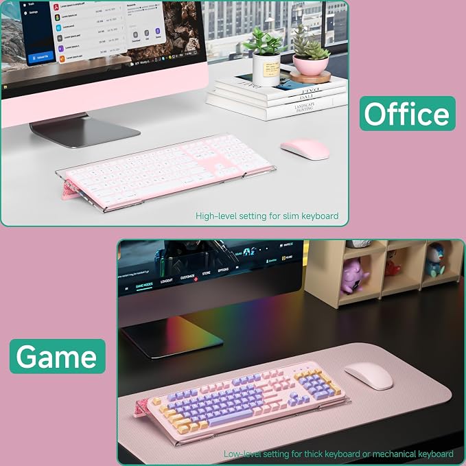 Ergonomic Computer Keyboard Stand - Adjustable Keyboard Riser Tilt Clear and Glitter Pink Acrylic Keyboard Tray Non-Slip Elevated Typing Key Board Holder Lift for Home Office Desk Accessories