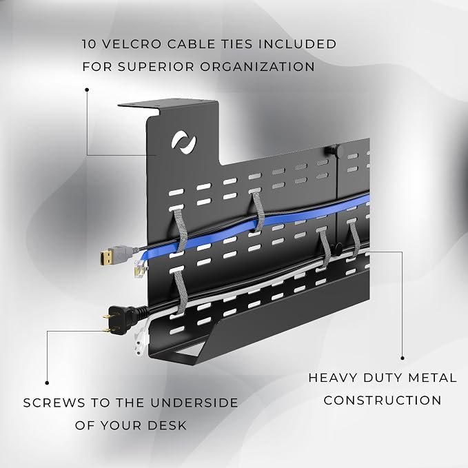 HumanCentric Under Desk Cable Management Tray & Cord Raceway, Black | Underdesk Cord Organizer, Standing Desk Cable & Wire Management, Heavy Duty, Straps Included, Medium