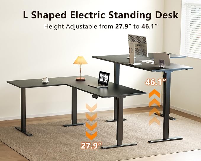 Casaottima 63 Inch Reversible L Shaped Electric Standing Desk, Ergonomic Height Adjustable Desk, Large Lift Corner Stand up Table for Workstation, Home Office, Reception Room, Black
