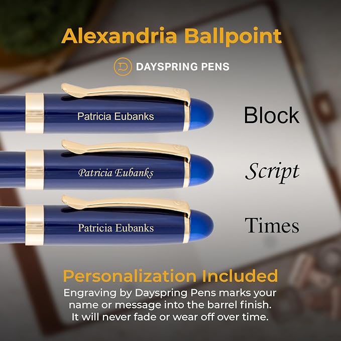 Dayspring Pens Alexandria Blue Ballpoint Pen, Blue with Gold Trim, Large Barrel, Gold Engraving on Cap, Parker G2 Refill Compatible, Gift for Graduation, Career Advancement, Birthdays