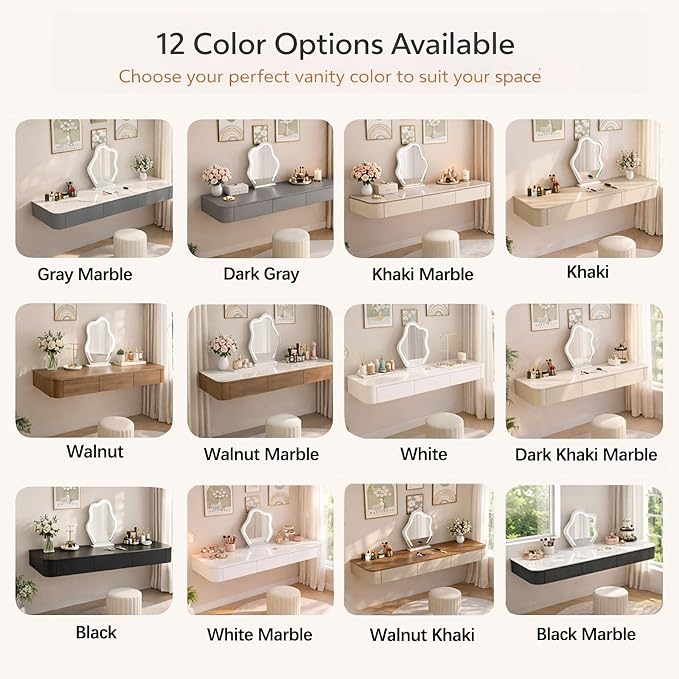 Floating Makeup Vanity Desk with Drawers Wall Mounted Makeup Table with Storage Fully Assembled Floating Vanity Desk Space Saving Modern Dressing Table for Bedroom Closet(White Marble,63")