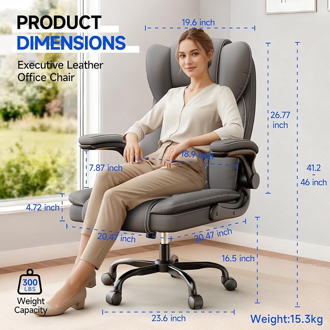 naspaluro Ergonomic Office Chair, Executive PU Leather Chair, Computer Desk Chair with Adjustable Lumbar Support Flip-up Arms, Executive Task Chair, Office Chairs for Home Office, Big and Tall, Gray
