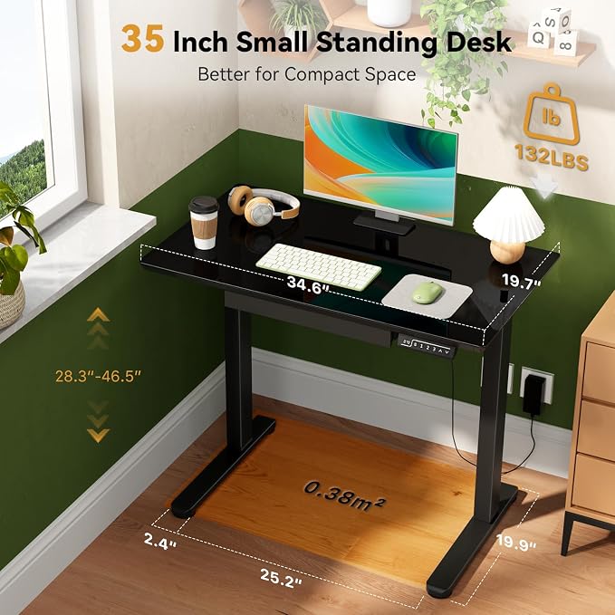 Gibbon Mounts 35” Electric Black Glass Standing Desk with Drawer & Wheels | Small Mobile Whole Piece Height Adjustable Cart with 4 Lockable Casters, Compact Computer Workstation for Home, Office