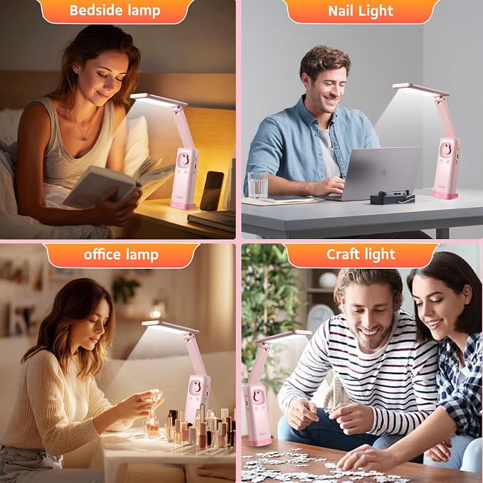 VAVOFO Cute Bunny Desk Lamp, Foldable LED Rechargeable Table Light, Eye-Caring Reading Lamp, 3 Color Modes & Dimmable, for Kids Girls Bedroom Study Dorm Room(Pink)