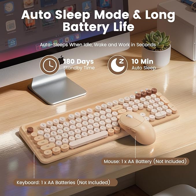 Wireless Keyboard and Mouse Combo, Retro Round Keycaps, Full-Size Typewriter Keyboard with Phone/Tablet Holder, Ergonomic Mouse with 3-Level DPI, 2.4GHz Connection for Windows/PC (Beige Colorful)
