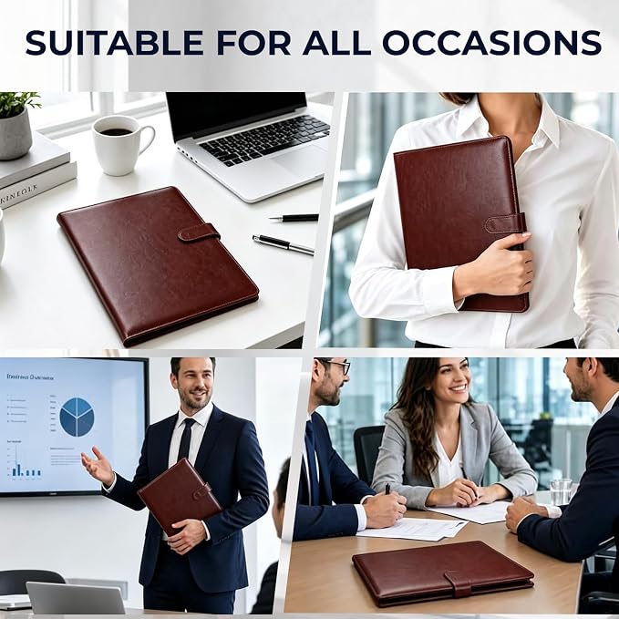 Professional Padfolio with Clipboard, Faux Leather Portfolio Folder Binder, Legal Pad Holder for A4 Letter Size Notepad, Resume, Writing Pad, Ideal Organizer for Business Office Conference (Brown)