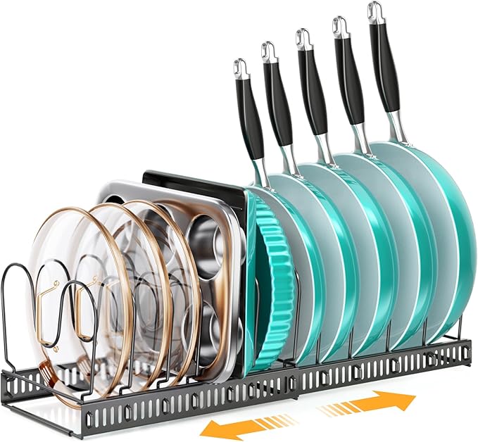 MUDEELA Expandable Pot Pan Lid Organizers inside Cabinet, 12 Divider-Black | Expandable 11.8–22.9", 12 Adjustable Divider, Tool-Free Assembly, Non-Slip, Scratch-Proof, For Pan Lid Cutting Board Bakeware