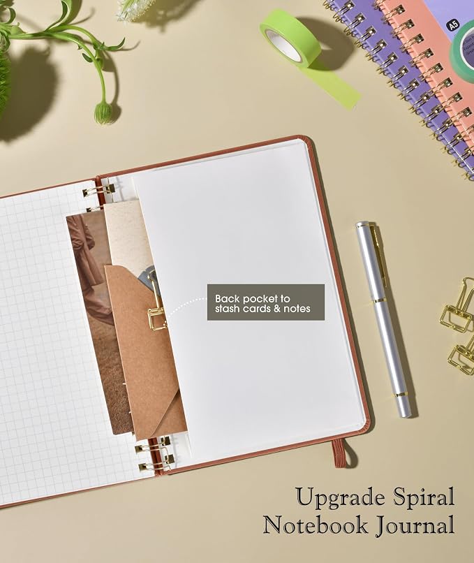 Graph Spiral Journal Notebook, A5 Hardcover Spiral Journals for Women Men, 100 GSM Graph Paper Notebooks, 150 Pages Spiral Bound Grid Notebook for Writing Note Taking Work 5.75" x 8.38", Brown