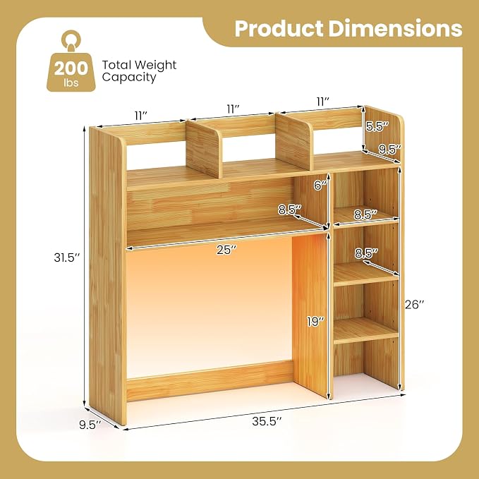 Tangkula Desktop Bookshelf with LED Lights, Desk Hutch with 8 Shelves for Max 25" Monitor, Desktop 5-Tier Display Rack, Wood Desktop Storage Hutch Organizer for Dorm Office Home, Burlywood