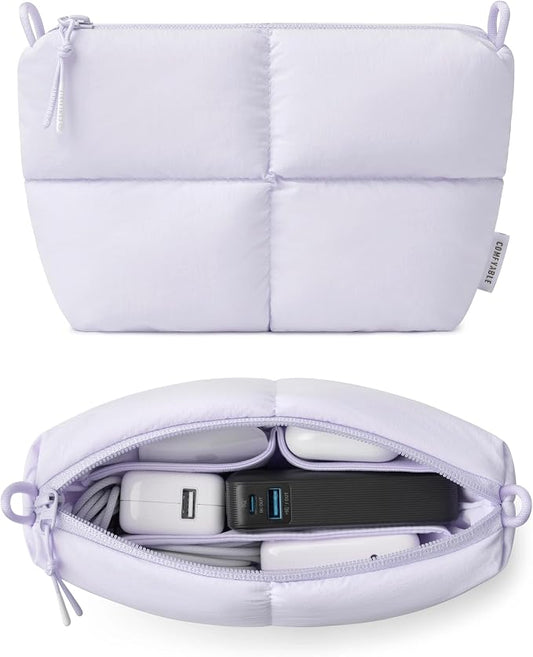 Comfyable Puffy Electronics Organizer Travel Case, Cute Tech Pouch for Women Men, Cable Storage Bag for Charger, Phone, Power Bank, Cord, Compact Tech Accessories Pouch, Lavender