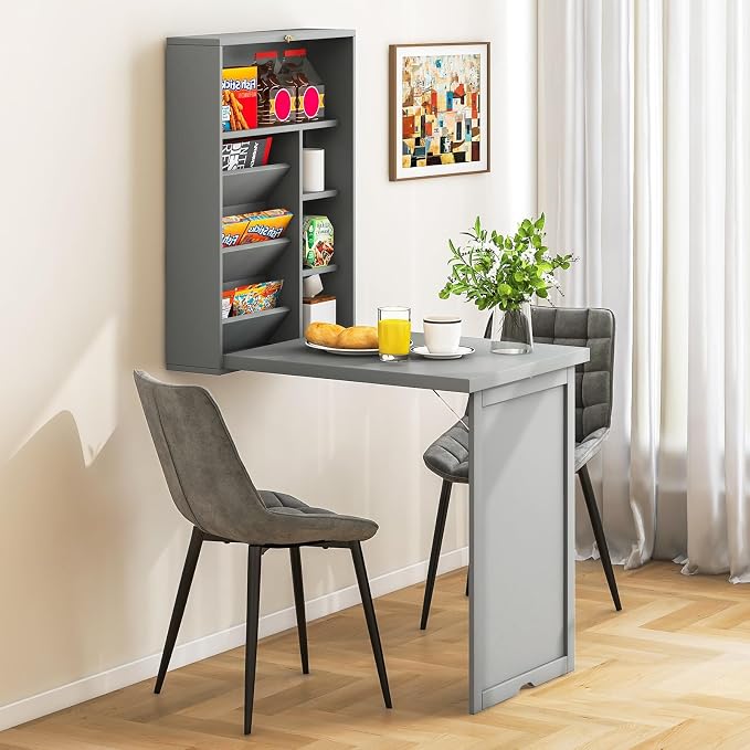 Wall Mounted Desk, Wood Collapsible Floating Desk, Convertible Computer Desk with Storage Area, Hanging Fold Out Table for Home Office, Small Spaces (Grey)