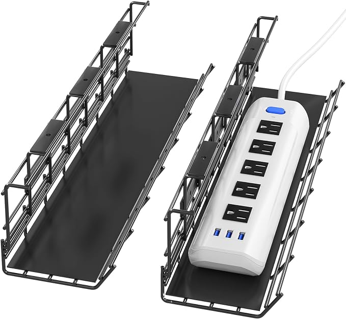 2 Pack DELAMU Under Desk Cable Management Tray, Metal Cord Cable Organizer for Desk, Easy Install Pre-drilled Wire Management Wire Organizer for Office & Home