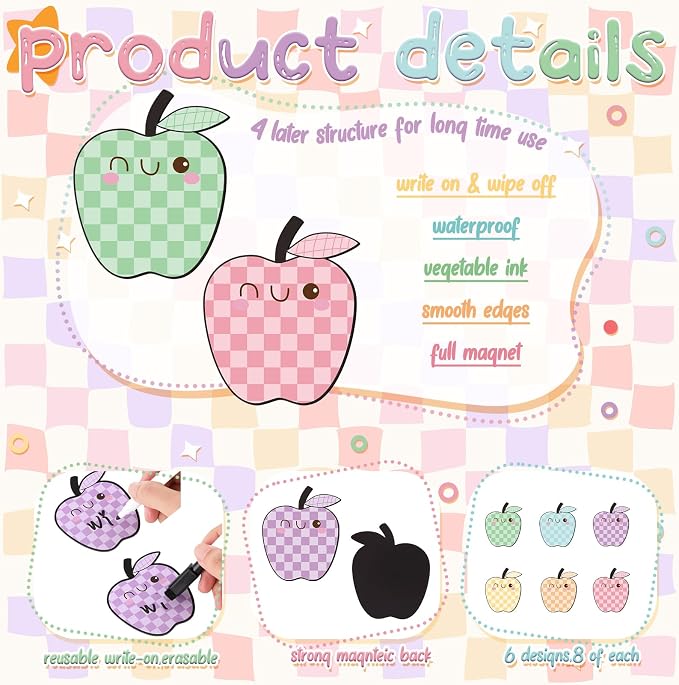 48 Pcs Pastel Fruit Dry Erase Magnetic Labels Colorful Checkerboard Fruit Student Name Tags Magnetic Locker Name Plates Stickers for Back to School Classroom Desks School Whiteboards