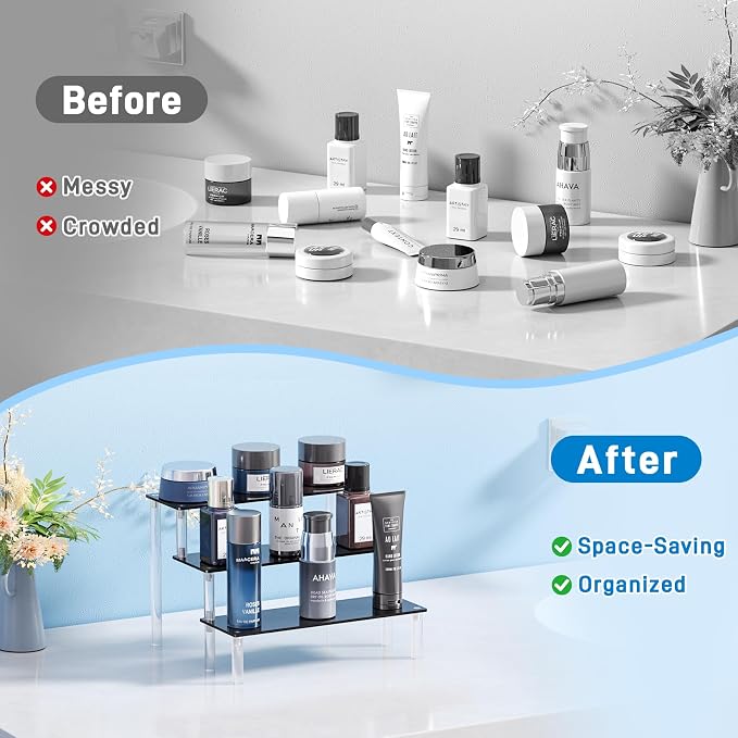 2 Packs Acrylic Display Stand Riser,3 Tier Perfume Organizer Cupcake Stand | Acrylic Pop Shelves Holder,Black Desk Display Shelf for Figure,Trinket,Collectibles,Dessert Tray Stands for Party Decor-7.9in