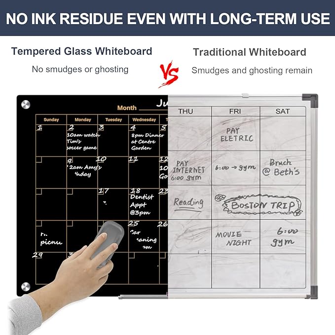 Glass Calendar Dry Erase Board for Wall, TANKEE 36x24 Inches Black Magnetic Glass Whiteboard, Large Monthly Calendar White Board for Office School Home Classroom Kitchen Wall