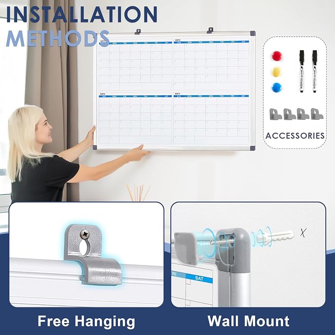 MAKELLO Large Dry Erase Calendar for Wall 36" x 24", Quarterly, 4 Months | Magnetic, Wall Mount, Smooth Writing, Dry Erase Wall Calendar, Monthly Calendar Whiteboard, Home, Family Planning, Bedroom