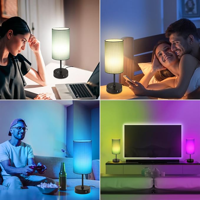 Unicozin Table Lamp for Bedroom, 3 Color Temperatures, 7 RGB Colors, Adjustable Brightness, Dual USB Charging Ports, Ambience Nightstand Light with Blue Shade, Desk Lamp for Kids Reading Home Office