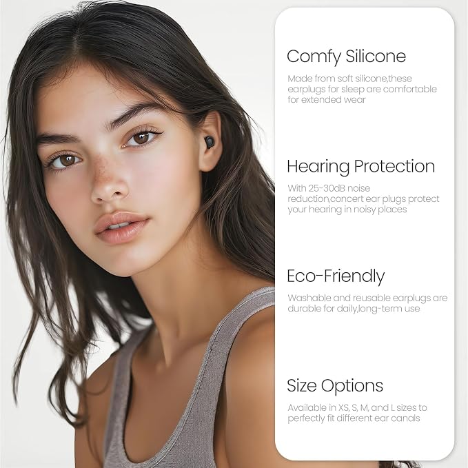 JUSTRVN Ear Plugs for Sleeping,2 Pairs of Noise Reduction Earplug for Concert&Study, Hearing Protection Earplugs -30dB with 4-Size Tips,Reusable Silicone Earplugs for Comfort,Focus and Loud Events