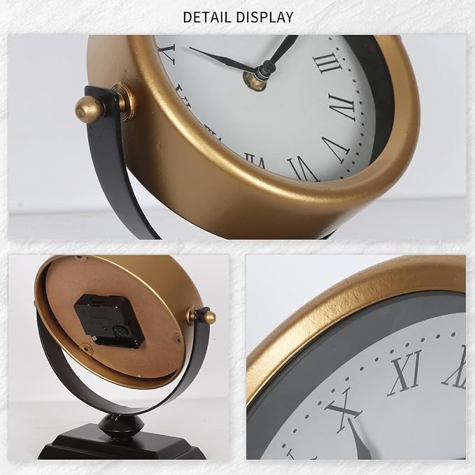 Vintage Analog Table Clock Battery Operated Silent Gold | Vintage Decor, Living Room Bedroom Office Shelf, Farmhouse Mantel Fireplace, Non-Ticking Silent, Small, Gold Desk Retro Style