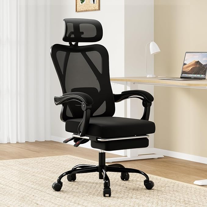 Farini Office Chair with Footrest, Ergonomic Mesh Office Chair with Headrest, High Back Desk Chair with Lumbar Support, Swivel Computer Chair for Home Office Study Room, Black and Black