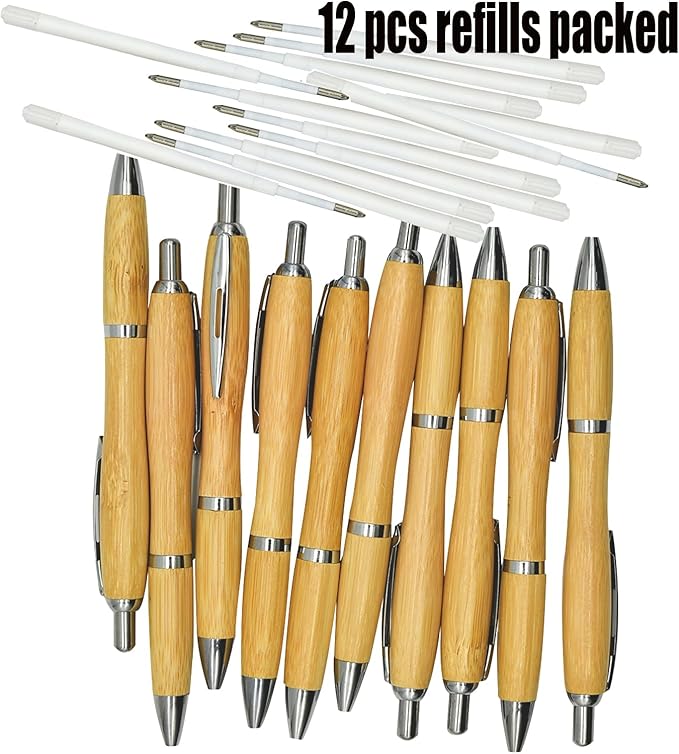 10 PCS Natural Bamboo Reed Pens Wood Retractable Pen 1.0mm With 12 PCS Refills Black Ink Ballpoint Pens For School Office Home Christmas Birthday