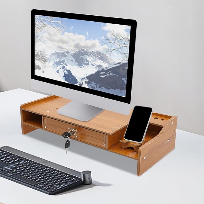 Wood Monitor Riser Drawer with Lock Computer Laptop PC Stand Desk Organizer