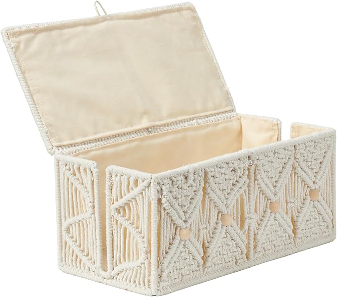 Cable Management Box Handmade Macrame Cord Storage Organizer | Power Strips Outlet Router Adapter TV Wire Hider Cover Under Desk Natural Cotton Rope Woven Basket w/ Lid, Off White, Large