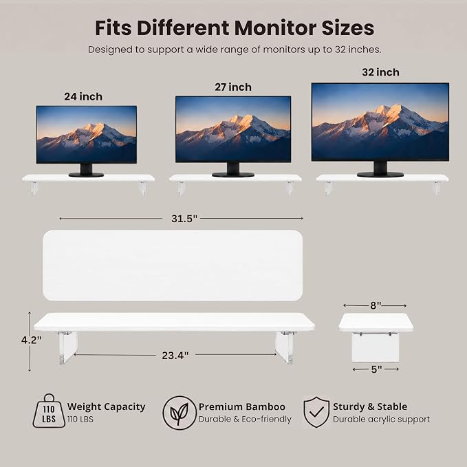 Bamboo Monitor Riser, Wide Desktop Monitor Stand for Desk with Clear Acrylic Legs, 31.5 x 8 inch Bamboo Wood Shelf, Fit Keyboard, Home Office Workspace Accessories, Study Stationaries Storage (White)