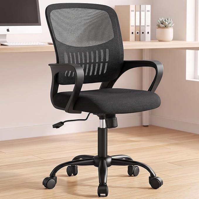OLIXIS Ergonomic Office Desk Chair, Executive Mid-Back Computer Chair with Comfortable Lumbar Support & Rocking Mode, Height Adjustable with Fixed Armrest, 360° Swivel, for Adults, Black