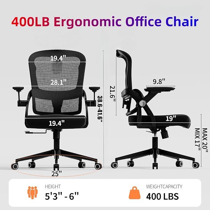 Ergonomic Office Chair - 350LB Comfy Desk Chairs with Adjustable Lumbar Back Support, Mesh Computer Chairs with Wheels and Arms for Home Office, Study