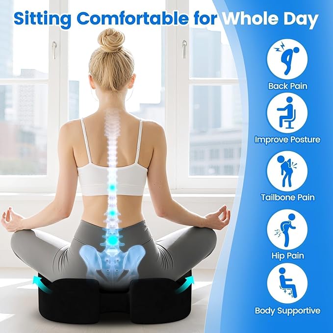 Seat Cushion, Non-Slip Memory Foam Chair Cushion for Taibone, Black/Large | Chair Pillow with Handles for Car Office Chair, Tailbone/Sciatica Easing& Post-Surgery Recovery Chair Cushion