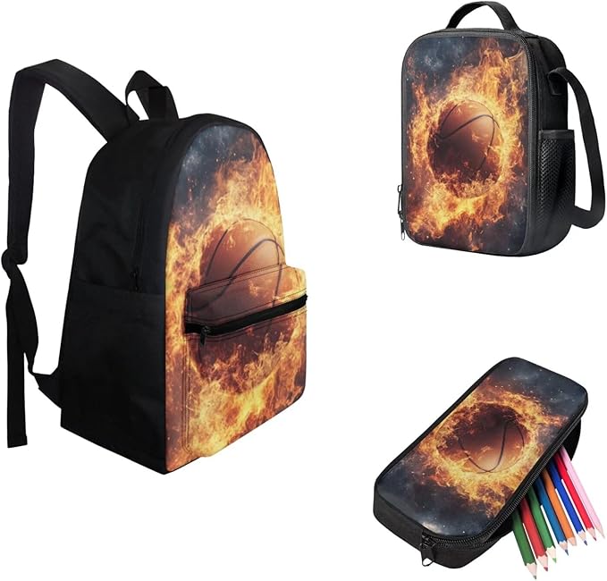 Fire Basketball Kids Backpack Large Capacity School Bag Book Bag for Kindergarten Boys Book Bag 3pcs School Bag Set with Lunch Box Pencil Case Back To School Supplies