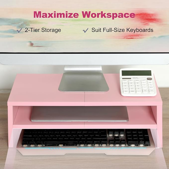 TEAMIX 2 Tiers Pink Monitor Stand Riser, Desktop Stand with Keyboard Storage Small TV Stand Laptop Wooden Desk Organizer Cute Shelf