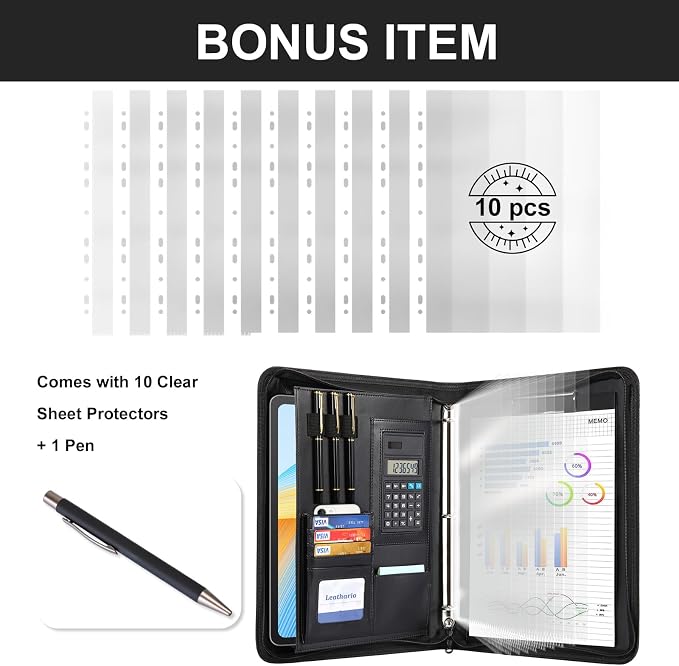 Leathario Portfolio Binder, Includes 10 Sheet Protectors and a Pen, 13 Inch Tablets Organizer, Vegan Leather A4 Padfolio, Multi-Pocket Notepad Business Planner Professional 3 Ring Document