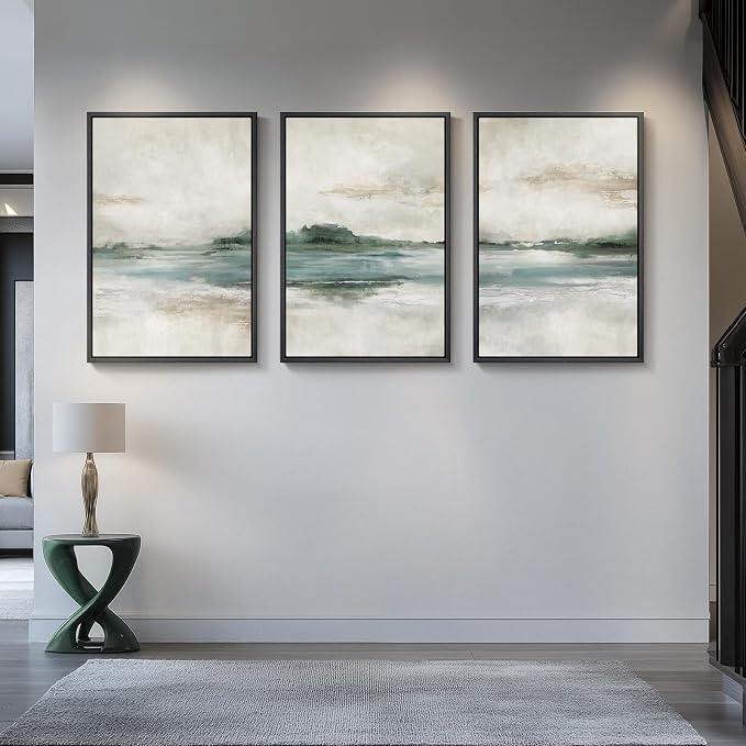 Large Framed Abstract Nature Landscape Wall Art for Living Room, Set of 3 Modern Canvas Prints Paintings Artwork for Walls, Green Lake Pictures for Hallway, Dining Room, Office Wall Decor 24x36 Inch