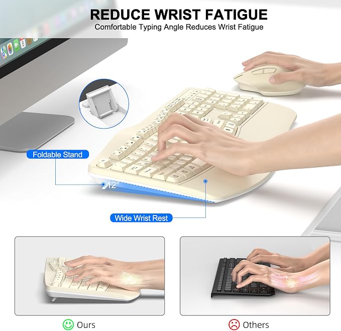Wireless Keyboard and Mouse Combo, 2.4G Full Size Wave Keys Ergonomic Keyboard with Wrist Rest and 3-Level DPI Adjustable Wireless Ergonomic Mouse for Windows, Mac OS Desktop/Laptop/PC(Latte)