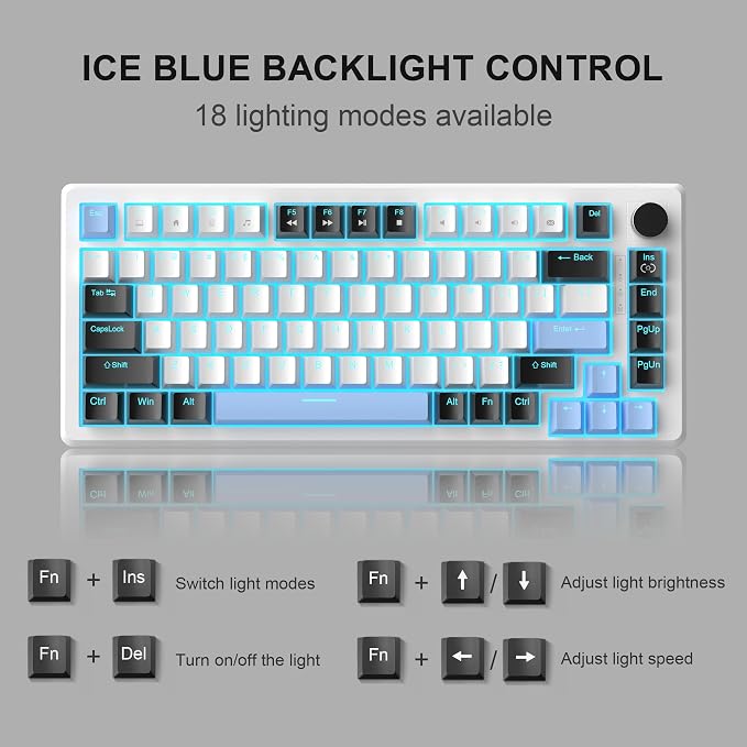 MageGee 75% Mechanical Gaming Keyboard, Compact Blue Backlit Wired Gaming Keyboards with Brown Switches, EVA Foam, Knob Control, STAR75 Portable NKRO PC Gaming Keyboard - White & Blue