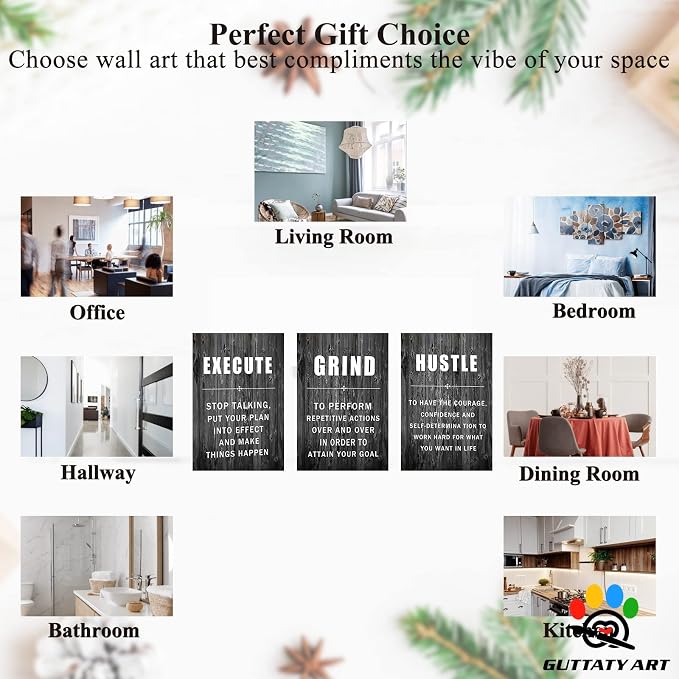 Office Wall Art - 3 Panel Motivational Wall Art, Inspirational Quotes Canvas Art for Home Office Wall Decor, Positive Quotes Wall Decor, Entrepreneur Grind Hustle Execution Poster Frame (12”x24”x3Pcs)