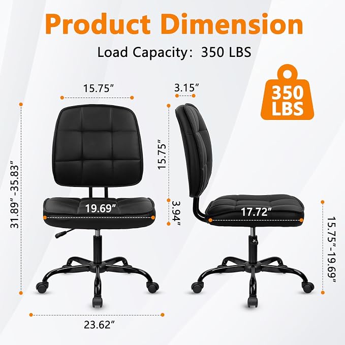 CLATINA Home Office Chair No Arms with Wheels, Armless Small Leather Ergonomic Low Back Desk Chairs Adjustable Height 360° Swivel Rolling Computer Task Chair for Work Reading Conference Room, Black