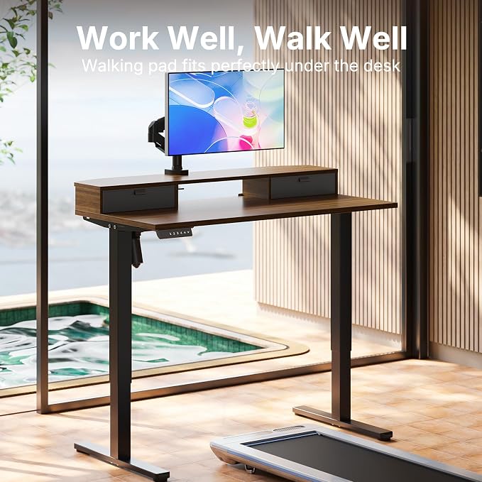 HUANUO 48 x 24 inch Small Electric Standing Desk with 2 Drawers, C-Clamp Mount Compatible, Height Adjustable Sit Stand Desk, Home Office Stand Up Desk with 4 Memory Height Settings, Walnut