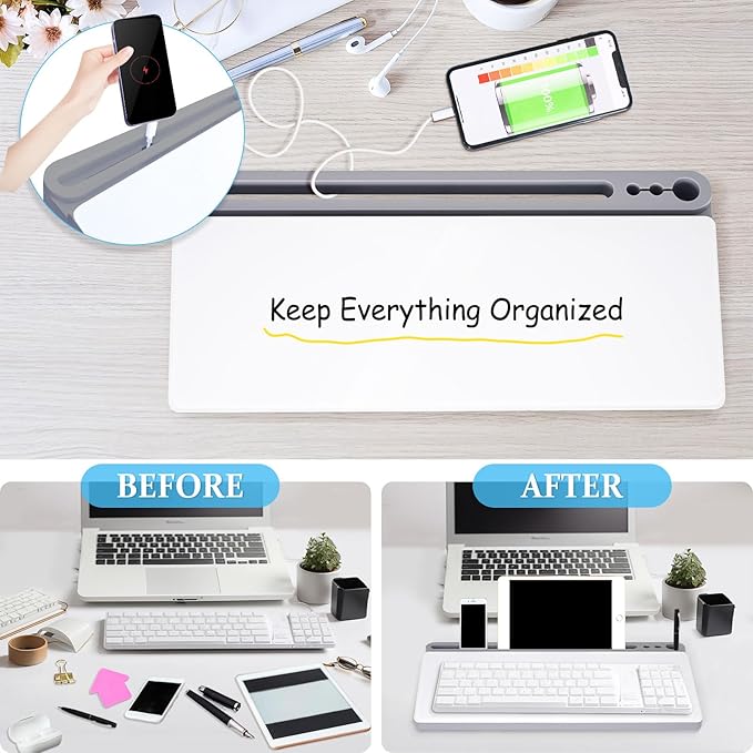 DOLLAR BOSS Glass Desk Whiteboard Small Dry Erase Board Desktop White Board with Storage Drawer Computer Keyboard Stand Desk Organizer Office Accessories School Supplies with 4 Markers 1 Eraser, Grey