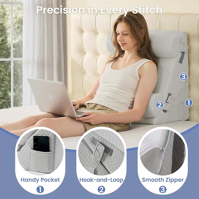 Sasttie Adjustable Wedge Pillow Set for After Surgery, Light Grey | 2PCS Bed Wedge Pillow Headboard with Memory Foam Neck Cushion, for Acid Reflux, Sleeping, Neck & Back Support