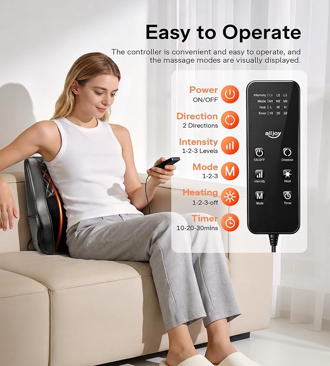 ALLJOY Heated Back Massager for Back Pain Relief, Deep Tissue Shiatsu Lumbar Support Pillow with 3 Massage Modes, 3 Intensity Levels & 3 Timer Settings for Office Chair Home, Fathers Day Gift for Dad
