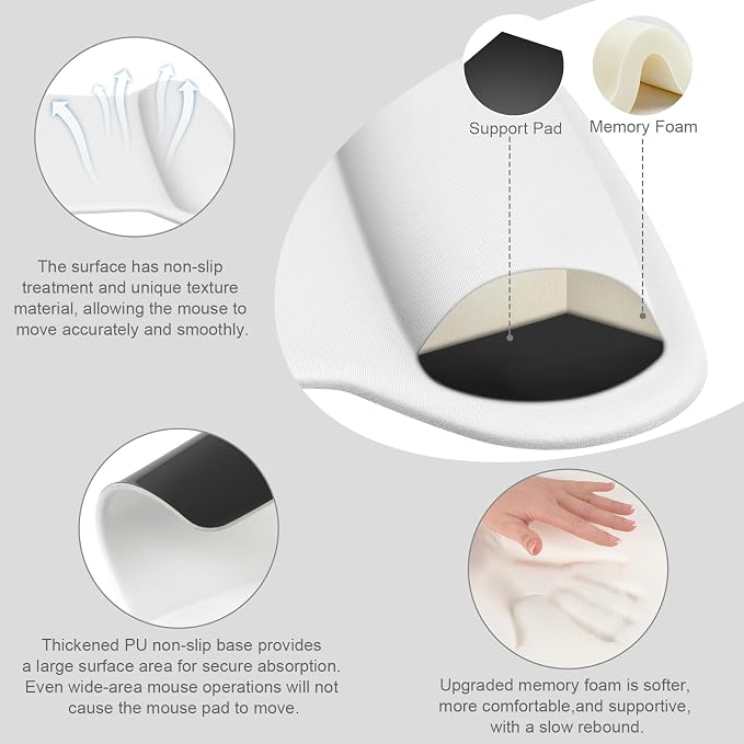 MOSISO Wrist Rest Support for Mouse Pad & Keyboard Set, Ergonomic Mousepad Non-Slip Base Home/Office Pain Relief & Easy Typing Cushion with Neoprene Cloth & Raised Memory Foam, White