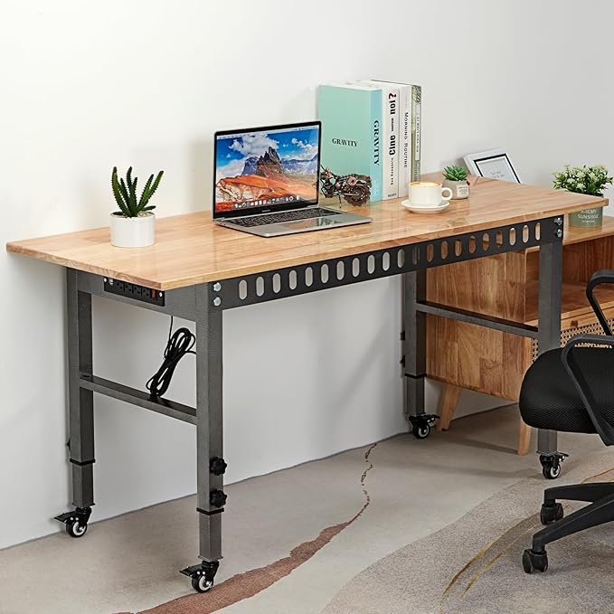 OLBRUS 54.3 "Adjustable Workbench with Power Outlet, Heavy Duty 2000 LBS Load Capacity Hardwood Workbench Suitable for Workshop, Office, Garage, Home (Metal Wheels丨Power Outlets 54.3"x21.6")